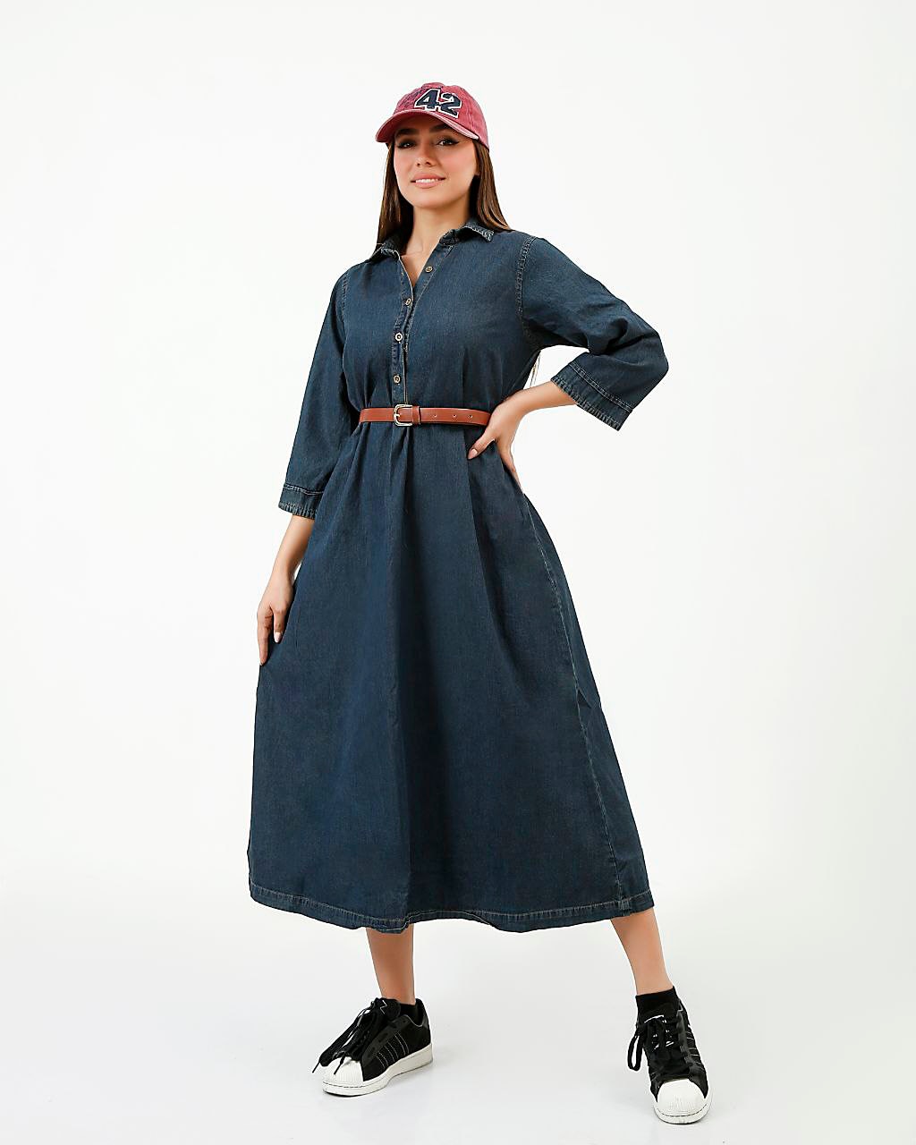 پیراهن ساحلی آستین‌سه‌ربع پارچه جین